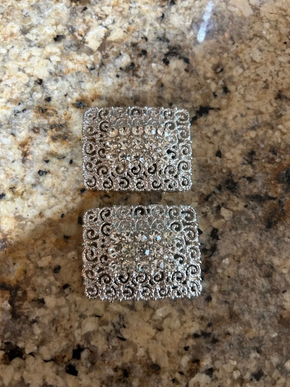 Tip Toe vintage, rectangular, silver filigree shoe clips clear rhinestones, - Picture 2 of 10